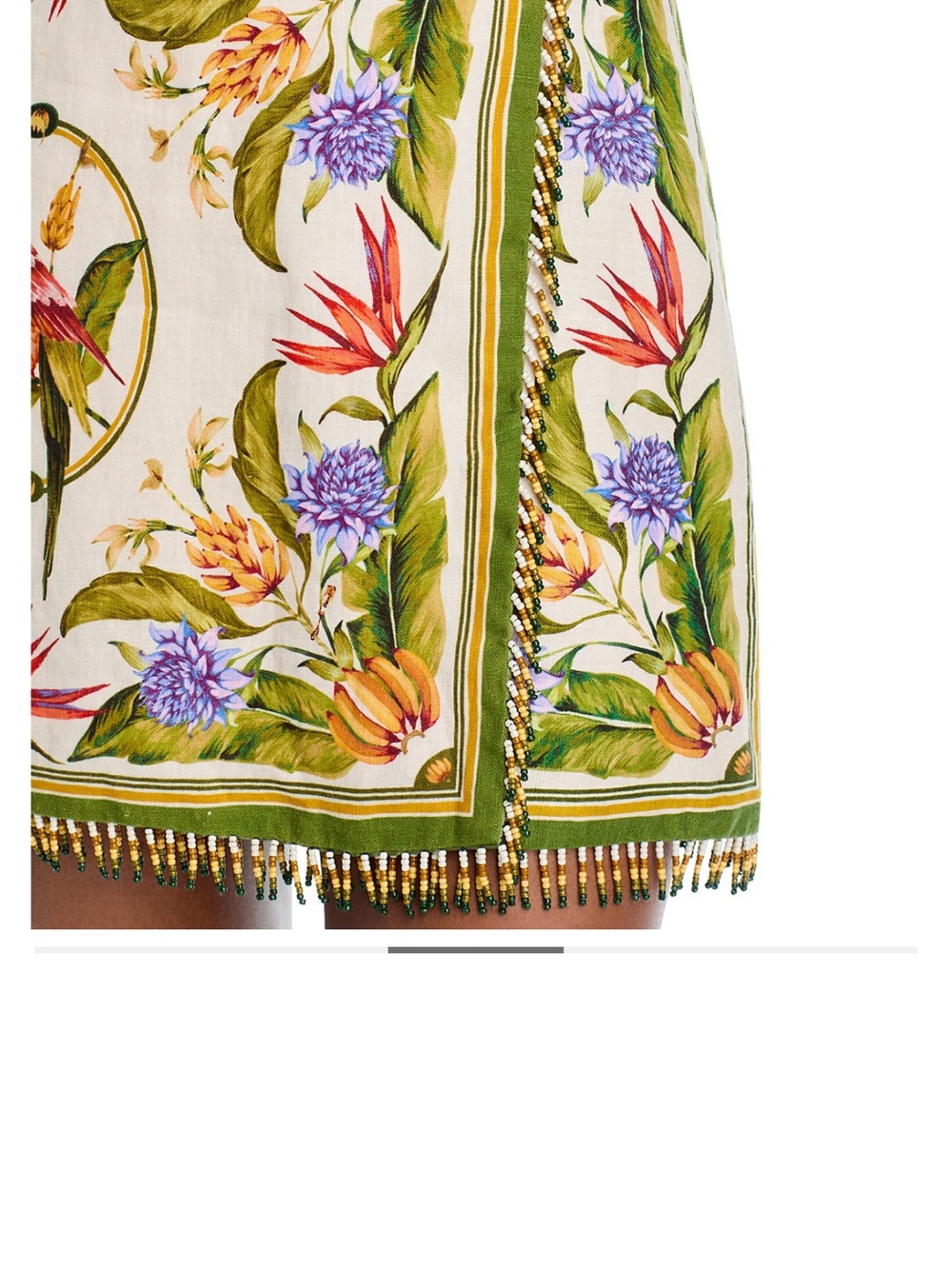 FARM Rio beaded fringe Mini Dress with Green Trim and Multicolor Bird Print - Picture 3 of 9